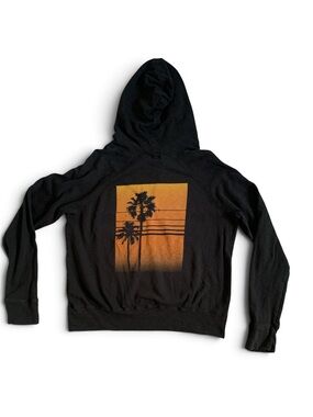 James Perse Standard Black Zip Up Hoodie Sweater Orange Palm-Tree Graphic